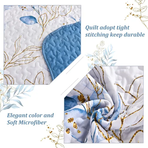 Miniatura 5 de Anibedding Juego de edredón azul tamaño King, 3 piezas reversible, elegante patrón de hojas botánicas azules, colcha de microfibra suave para toda