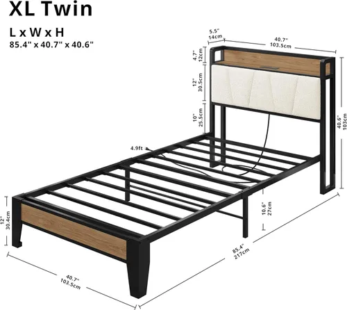 Miniatura 2 de LIKIMIO Marcos de Cama Twin XL, Cabecera de Almacenamiento con Estación de Carga, Sólida y Estable, Sin Ruido, No Necesita Somier, Fácil Montaje