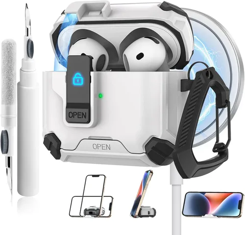 Miniatura 11 de Meliya Funda para AirPods 4, viene con soporte para teléfono y función MagSafe, funda rígida de protección completa automática emergente con bloqueo