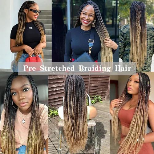 Miniatura 6 de Cabello trenzado preestirado, cabello trenzado degradado de 28 pulgadas, paquete de 8 extensiones de cabello trenzado de mezcla de colores sedosos