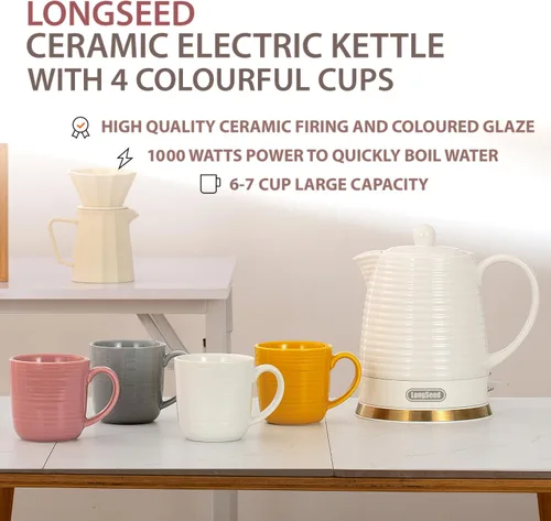 Miniatura 3 de Hervidor Eléctrico de Cerámica de 1.2 litros con Infusor y Juego de Tazas, Tetera para Hervir Agua, Protección Contra Hervir en Seco con Apagado