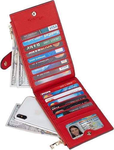 Miniatura 2 de Travelambo Billeteras de cuero para mujer, delgada, con bloqueo RFID, billetera plegable para tarjetas de crédito, Rojo Clásico, Moda
