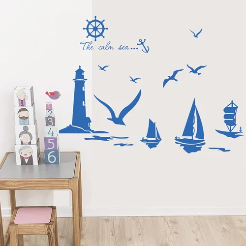 Miniatura 5 de Grandes adhesivos decorativos de faro marino para pared, calcomanía de pared náutica con gaviotas, adhesivos de pared de barco para decoraciones
