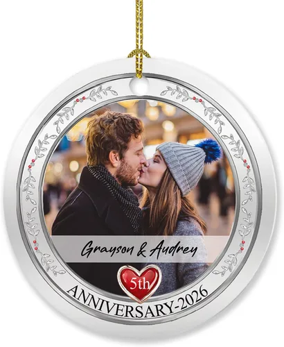 Adorno de 5º aniversario, decoración del árbol de Navidad, nombres personalizados y recuerdos de aniversario de fotos, regalos para parejas juntas,