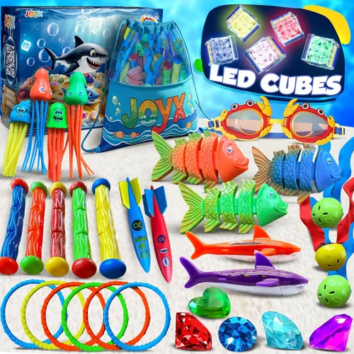 JoyX Juego de 35 juguetes de piscina de buceo para niños de 4 a 12 años, incluye cubos de luz LED, gafas, anillos, gemas y bandidos de Toypedo,