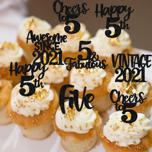 Miniatura 3 de Rsstarxi Paquete de 24 adornos para cupcakes vintage 2019 con purpurina negra para 5º cumpleaños, saludos a 5, cinco, 5, 5 fabulosos para cupcakes