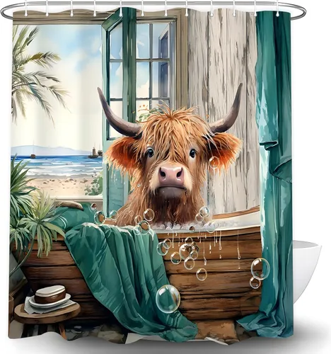 Miniatura 3 de Highland Cow - Cortina de ducha de verano de 60 pulgadas de ancho x 72 pulgadas de largo, divertida y linda vista al mar, vista al mar, paisaje