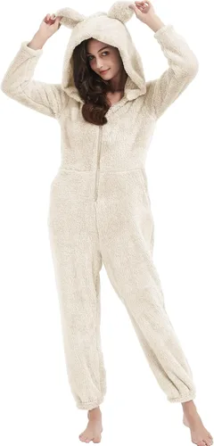 Miniatura 5 de Pijama con capucha de forro polar para mujer, con cremallera, ropa de dormir con orejas