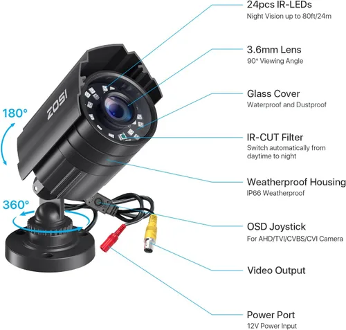Miniatura 8 de ZOSI - Sistema de cámaras de seguridad CCTV 1080P para exteriores e interiores, híbrido 4 en 1 HD TVI/CVI/AHD/CVBS, cámaras de seguridad