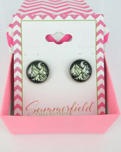Miniatura 2 de Pendientes de cristal con estampado de montaña nevada y estrellas de luna y cielo nocturno, 0.472 in, negro, blanco, amarillo