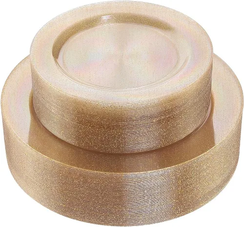 Miniatura 10 de 102 platos desechables de plástico de color café dorado con diseño de encaje, sin bisfenol A, lo que incluye: 51 platos llanos de 10.25 pulgadas