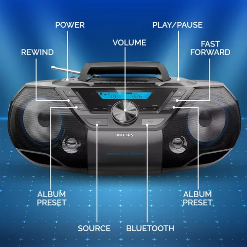 Miniatura 2 de Philips Reproductor de CD portátil Boombox Bluetooth con reproductor de cassette Todo en uno Potente sistema estéreo Boom Box Reproductor de CD