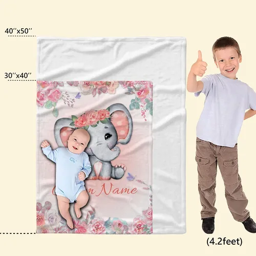 Miniatura 7 de Manta personalizada de elefante naranja floral con nombre para niñas, manta con nombre personalizado para niños pequeños, regalos personalizados