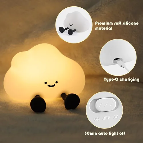 Miniatura 2 de YISUN Luz nocturna de nube, bonita luz nocturna de silicona para bebé pequeño, lámpara LED recargable para cuarto de bebé con temporizador, 3