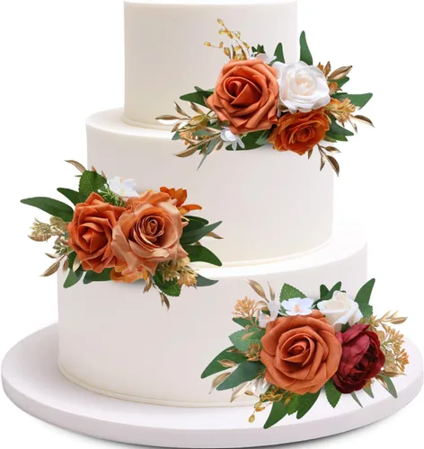 Miniatura 13 de Marriwise 3 piezas de flores prefabricadas, decoración de pastel de boda rosa baya, decoración de flores artificiales para boda, ceremonia