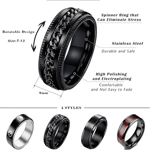 Miniatura 3 de HUXICUI 4-Pcs Wedding Band Ring Set for Men Womens Fidget Spinner Rings for Anxiety Stress Relief Black Engagement Ring Set