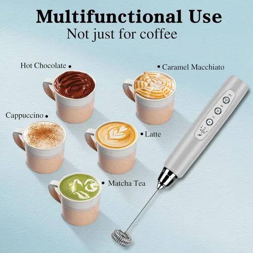 Miniatura 7 de BSRGMS Espumador de leche de mano para café, batidor eléctrico de 3 velocidades ajustables, mezclador de bebidas con 3 batidores de acero Plateado