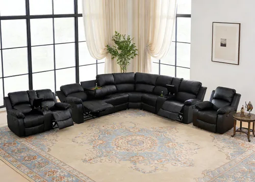 Miniatura 19 de Juego de sofá seccional reclinable manual, juegos de muebles de sala de estar, sofá seccional en forma de L y 2 sillas, cómodo sofá reclinable