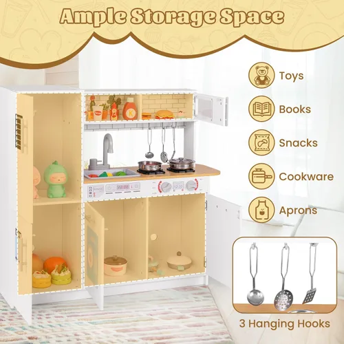 Miniatura 6 de HONEY JOY Juego de cocina para niños, cocina de madera de pequeño chef de simulación con pizarra, gran gabinete de almacenamiento, estufa, grifo