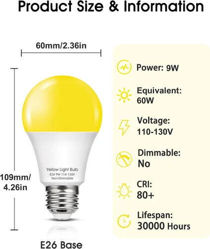 Miniatura 7 de Bombillas LED amarillas para insectos en el exterior, bombilla LED amarilla A19 para exteriores, equivalente a 60 W, luces amarillas ámbar de 9 W