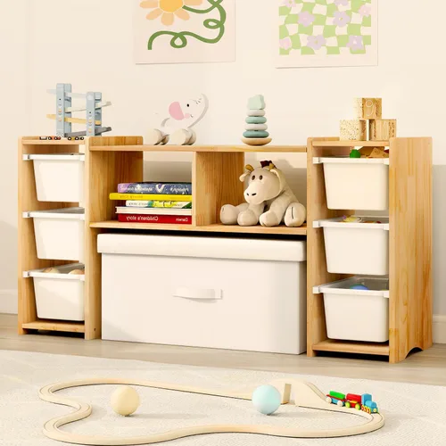 MallBest Estantería Montessori para Niños - 100% Madera de Pino Maciza con 6 Cajones Plásticos Extraíbles, Organizador de Almacenamiento de Juguetes