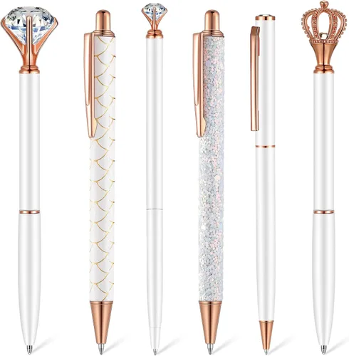 Miniatura 16 de Qeeenar Juego de 6 bolígrafos de bola de metal con cristales de diamante para diario, bonitos y brillantes, elegantes artículos de papelería, tinta