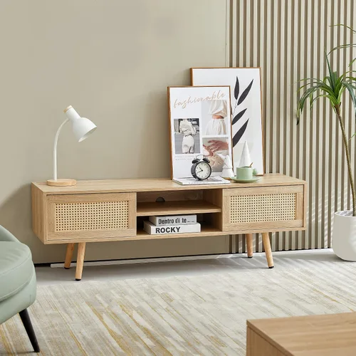 Miniatura 2 de Soporte de TV de ratán natural para TV de 60 pulgadas, centro de entretenimiento bohemio con almacenamiento, soporte de TV moderno de mediados