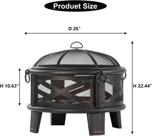 Miniatura 2 de Breezz Fogata de leña de 26 pulgadas con parrilla de cocina y pantalla de chispas, hoguera redonda de metal para exteriores, patio, fiesta