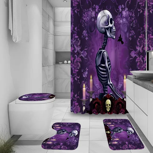 Miniatura 7 de Juego de cortina de ducha y alfombras de Halloween, 4 piezas de calavera de rosa roja con flores de beso de azúcar, decoración de baño de flores