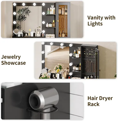 Miniatura 5 de Escritorio de tocador con espejo y luces, tocador de maquillaje negro con 5 cajones, organizador de joyas oculto y gabinete de cristal LED, 3 modos