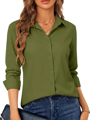 Miniatura 12 de BBIBBI Camisa de vestir elástica de manga larga con botones para mujer, blusa de trabajo casual de negocios (clásica, recortada y alta)