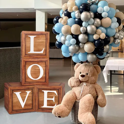 Miniatura 2 de Cajas de globos marrones para bebé con 27 letras - 4 piezas de bloques para baby shower con veta de madera y letras A-Z+B decoración de bosque y oso