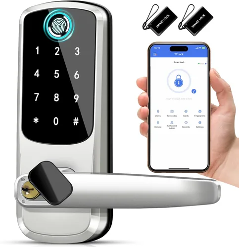 Cerradura de puerta inteligente con asa, cerraduras de puerta de entrada sin llave, cerradura exterior con teclado de huellas dactilares 8 en 1,