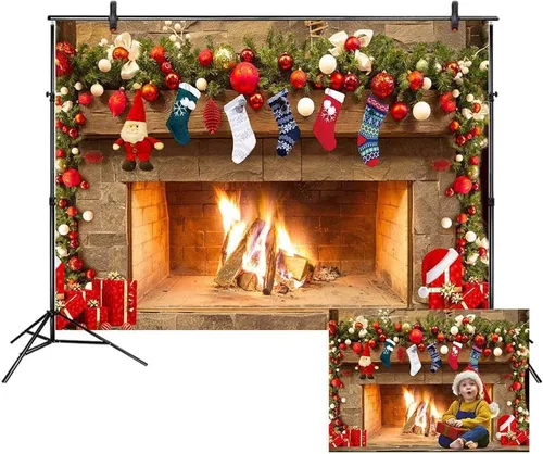 Miniatura 7 de LB Telones de fondo de chimenea de Navidad para fotografía de 5 x 3 pies, calcetines de árbol de Navidad, regalos de Año Nuevo, para niños