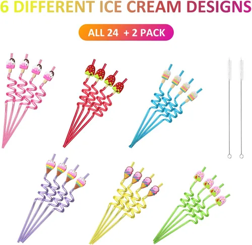 Miniatura 7 de 24 pajitas de helado reutilizables para suministros de fiesta de cumpleaños Recuerdos de fiesta con 2 cepillos de limpieza