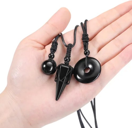Miniatura 3 de Jovivi Juego de 3 collares de piedra de cristal curativo para hombres y mujeres, amatista natural, obsidiana negra, ojo de tigre, piedras preciosas