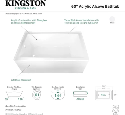 Miniatura 11 de Kingston Brass Aqua Eden VTAP603622L - Tina de alcoba de acrílico de 60 pulgadas con desagüe a la izquierda, blanca