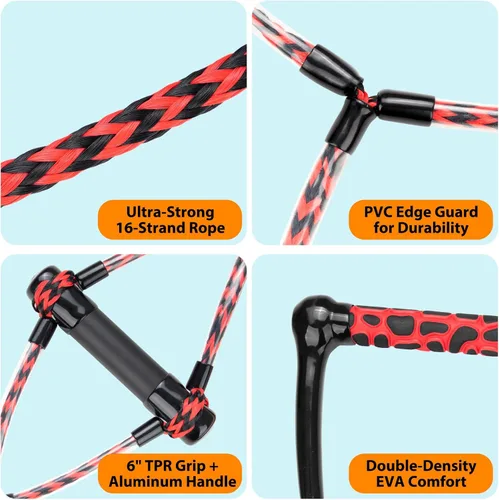 Miniatura 5 de Obcursco Cuerda Wakeboard, línea de deportes acuáticos con mango EVA. Ideal para esquí acuático, wakeboard, rodillera 2 secciones rojo y negro