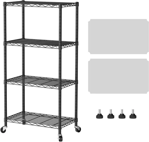 Miniatura 12 de SINGAYE Estante de almacenamiento ajustable de 4 niveles con ruedas, estantería resistente, estantes de alambre para garaje, oficina, despensa, Negro