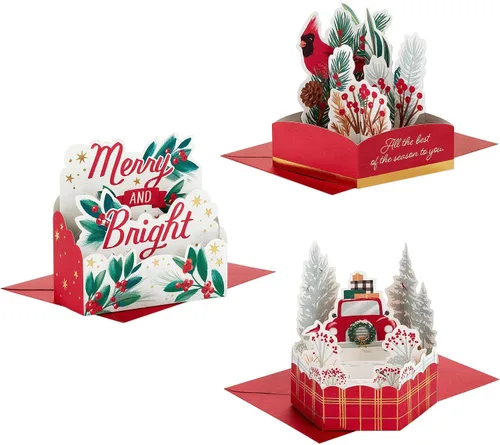 Hallmark Paper Wonder - Mini tarjetas de Navidad emergentes (3 tarjetas con sobres: camión rojo, cardenal, feliz y brillante)