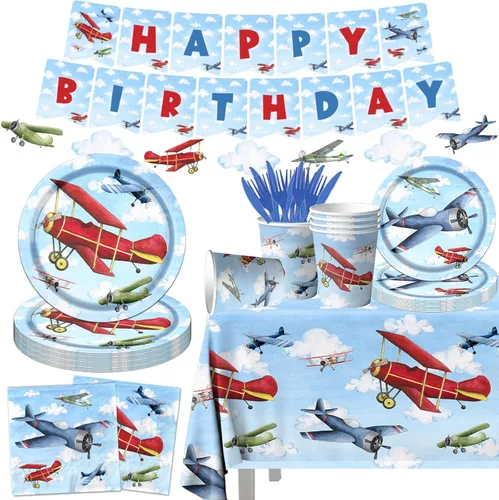 142 piezas de decoración de fiesta de cumpleaños de avión, suministros de vajilla para fiesta de avión, avión azul cielo blanco, platos desechables,