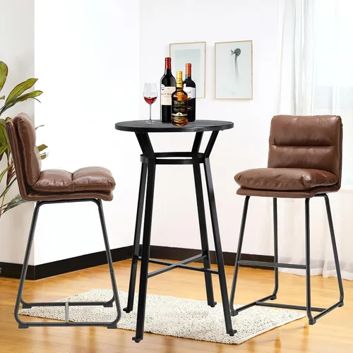 Miniatura 11 de Glitzhome Juego de mesa y sillas de comedor, mesa redonda de acero negro con parte superior de madera de olmo sólido y taburetes de bar de cuero