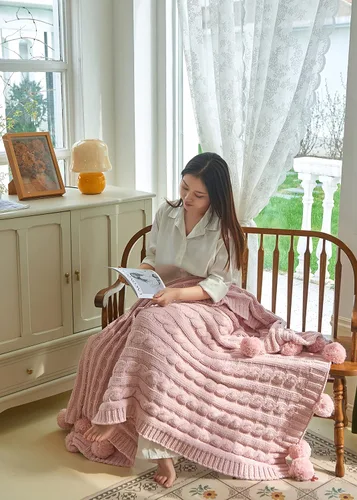 Miniatura 3 de Manta de punto de felpilla gruesa con 14 piezas con pompones, súper suave, acogedora y cálida, para sofá y cama, sofá suave, 50 x 60 pulgadas (rosa)