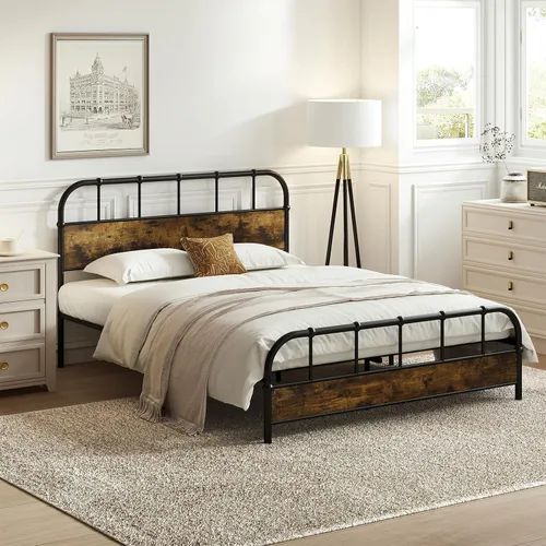 Miniatura 3 de Giantex Base de cama de metal tamaño Queen con cabecera de madera, base de cama de plataforma industrial con listones de metal resistente, base