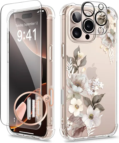 Miniatura 19 de GVIEWIN - Funda floral para iPhone 14 de 6.1 pulgadas, protector de pantalla + protector de lente de cámara, no se amarillenta, a prueba de golpes