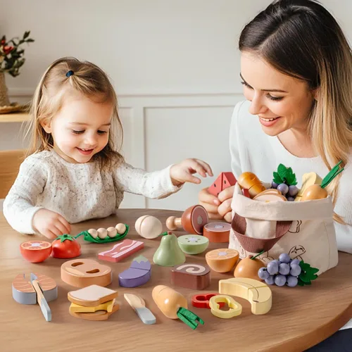 Miniatura 3 de ROBOTIME Juego de comida de madera 4 en 1, juego de juguete de simulación para jugar cocina con bolsa de compras, accesorios de cocina para niños