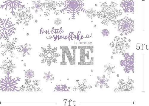 Miniatura 3 de MEHOFOND Telón de fondo de invierno de 7 x 5 pies, diseño de copos de nieve para niñas, feliz primer cumpleaños, fondo de fotografía, morado, Púrpura