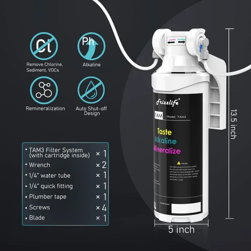 Miniatura 7 de Frizzlife TAM3 Filtro de agua en línea debajo del fregadero - Remineralización alcalina PH+, Certificado NSF/ANSI 42, Ajusta el sabor y el PH