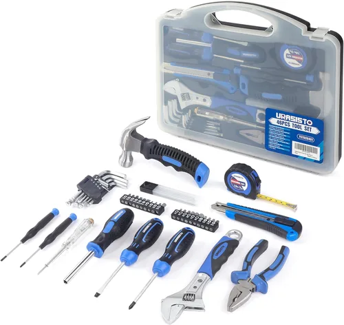 URASISTO Juego de herramientas de 46 piezas, kit de reparación manual portátil básico para el hogar con estuche de almacenamiento de plástico
