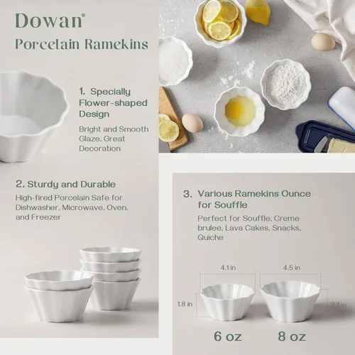 Miniatura 6 de DOWAN Ramekins - Juego de 6 recipientes aptos para horno, 8 onzas, moldes de porcelana Creme Brulee para hornear, tazas de natillas